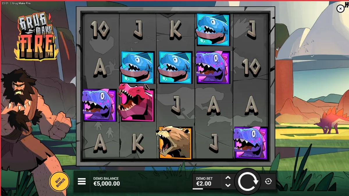 Grug, karakter utama slot Grug Make Fire dari Hacksaw Gaming dengan latar belakang gua prasejarah.